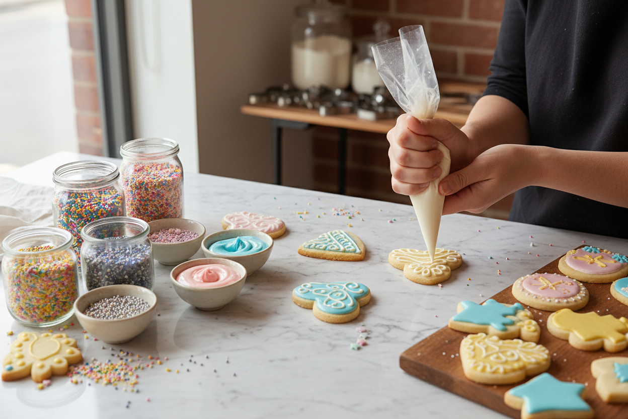 Royal icing cookie decorating scene